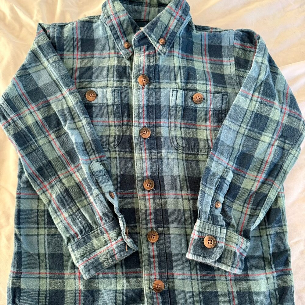 Kids Duluth Two-Pocket Button Up Flannel, Blue Green and Red Plaid (4T)